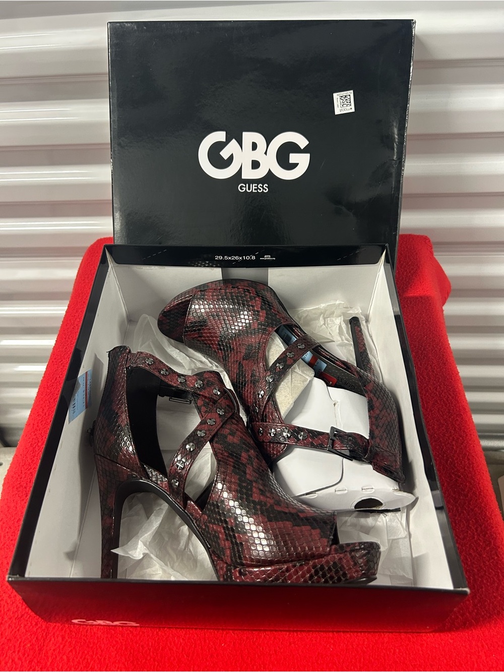 GUESS Burgundy and black Snake-Print Studded Platform Heels